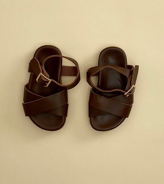 TINYCOTTONS, LEATHER CROSSED SANDALS, DARK BROWN